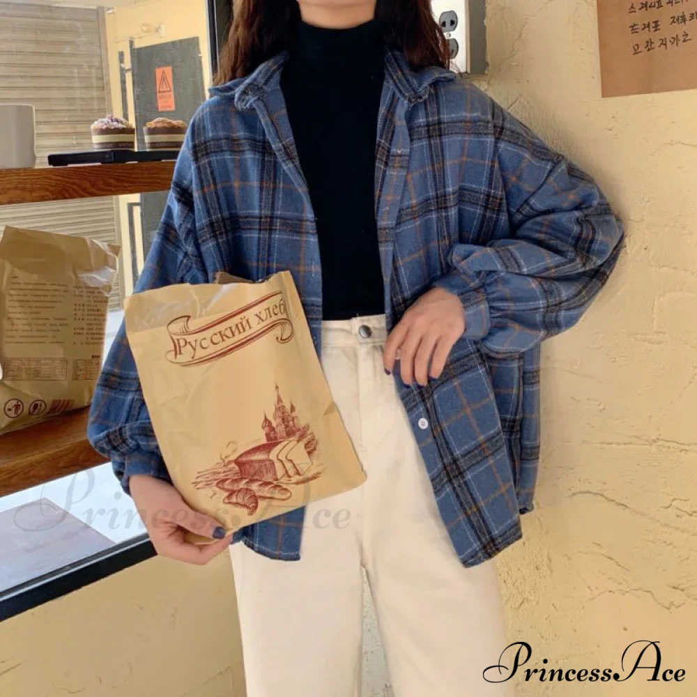 Turn-down Style Spring - Women's Plaid Outwear Loose 4 Neckline Blouse Harajuku with Fit Batwing-sleeve - - Colors - Image 14