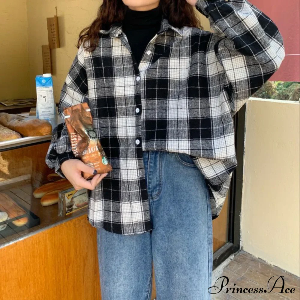 Turn-down Style Spring - Women's Plaid Outwear Loose 4 Neckline Blouse Harajuku with Fit Batwing-sleeve - - Colors - Image 15