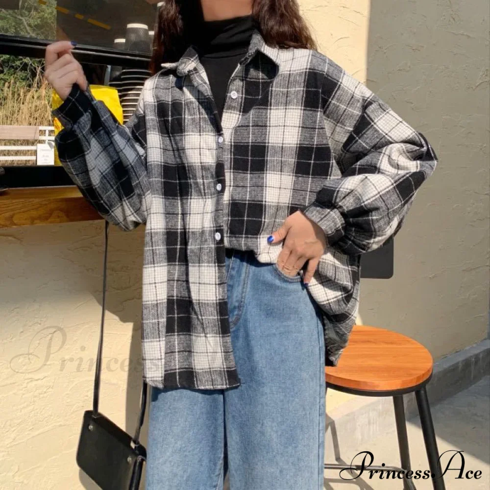 Turn-down Style Spring - Women's Plaid Outwear Loose 4 Neckline Blouse Harajuku with Fit Batwing-sleeve - - Colors - Image 16