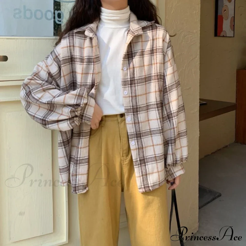 Turn-down Style Spring - Women's Plaid Outwear Loose 4 Neckline Blouse Harajuku with Fit Batwing-sleeve - - Colors - Image 17