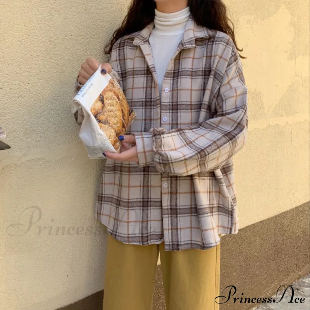 Turn-down Style Spring - Women's Plaid Outwear Loose 4 Neckline Blouse Harajuku with Fit Batwing-sleeve - - Colors - Image 18