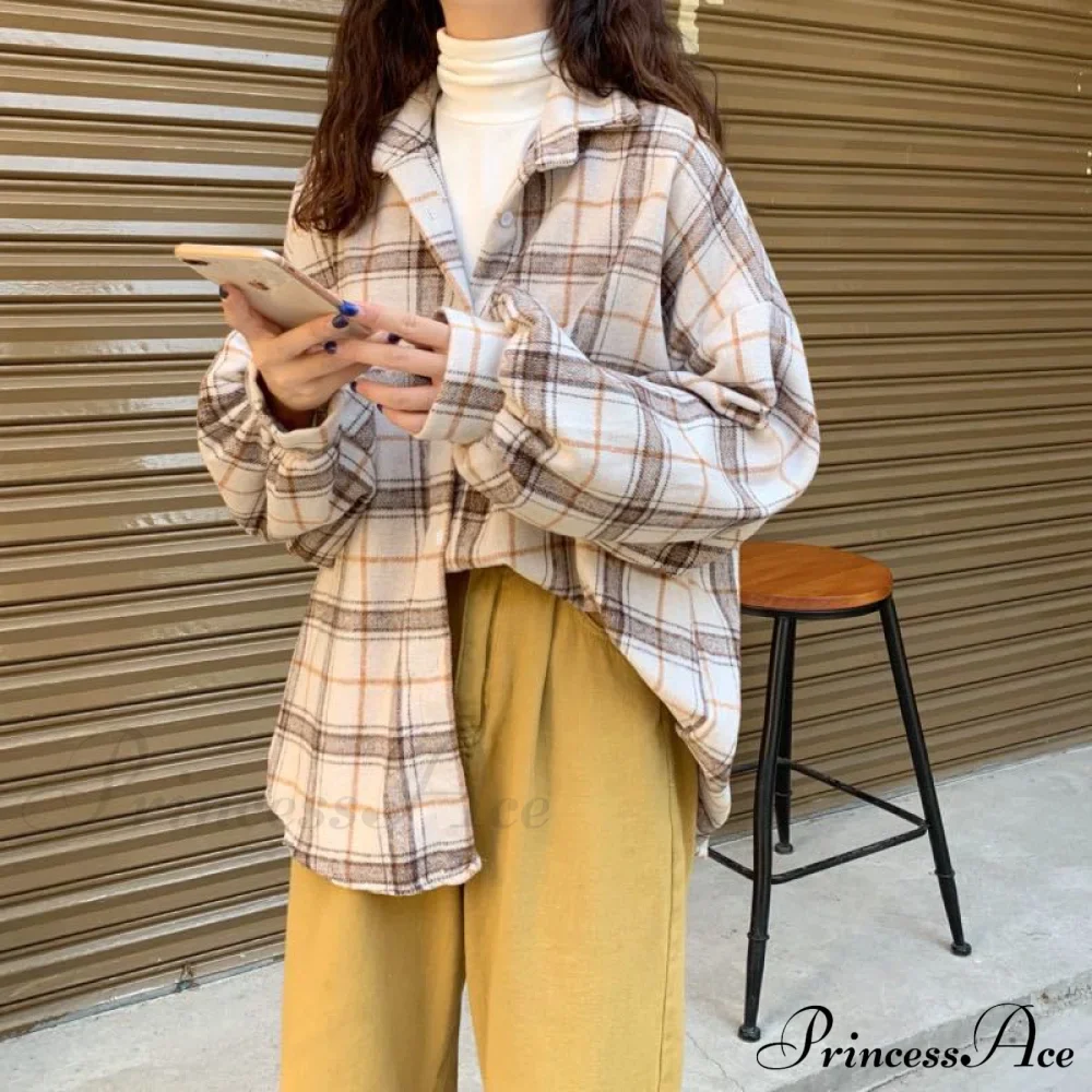 Turn-down Style Spring - Women's Plaid Outwear Loose 4 Neckline Blouse Harajuku with Fit Batwing-sleeve - - Colors - Image 19