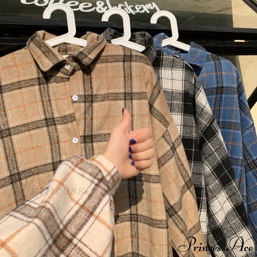 Turn-down Style Spring - Women's Plaid Outwear Loose 4 Neckline Blouse Harajuku with Fit Batwing-sleeve - - Colors - Image 2