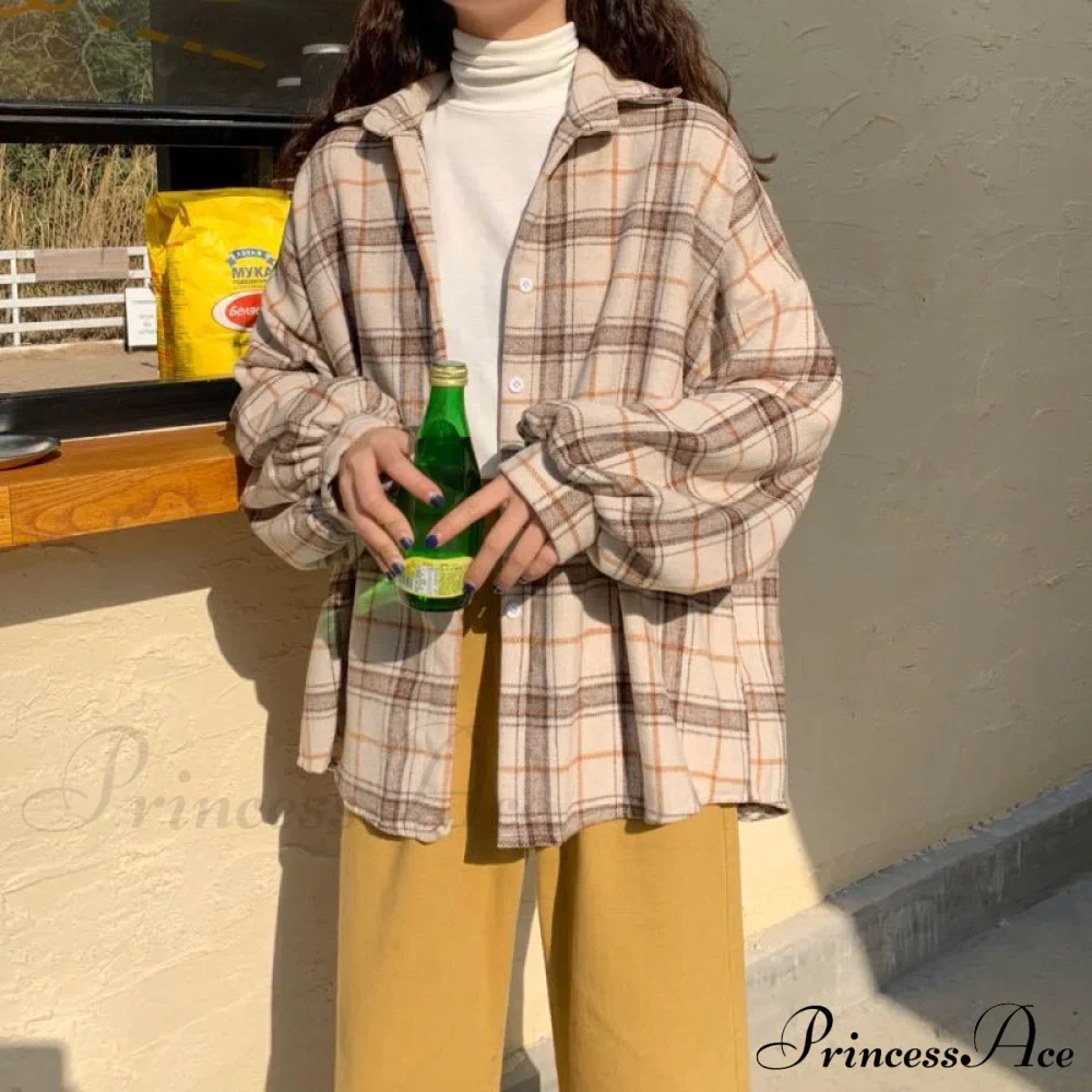 Turn-down Style Spring - Women's Plaid Outwear Loose 4 Neckline Blouse Harajuku with Fit Batwing-sleeve - - Colors - Image 20