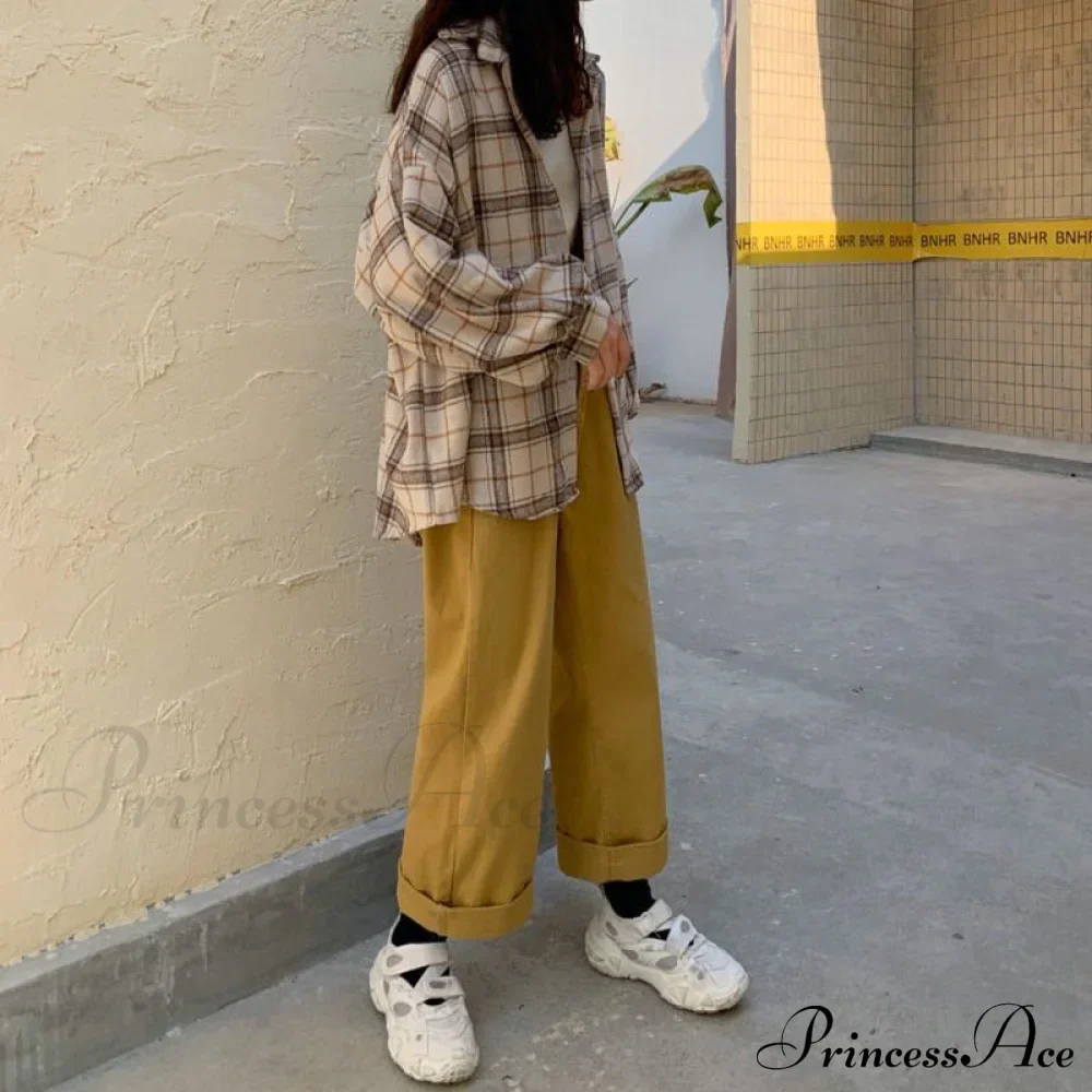 Turn-down Style Spring - Women's Plaid Outwear Loose 4 Neckline Blouse Harajuku with Fit Batwing-sleeve - - Colors - Image 21