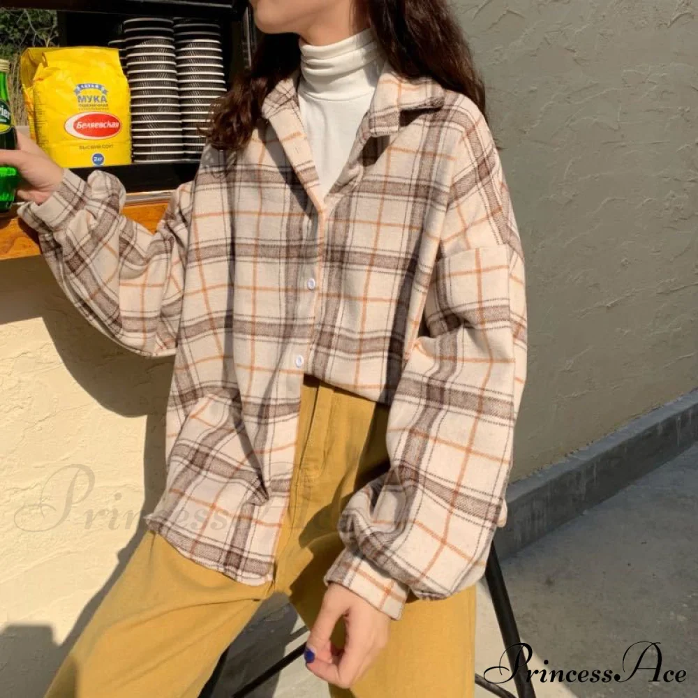 Turn-down Style Spring - Women's Plaid Outwear Loose 4 Neckline Blouse Harajuku with Fit Batwing-sleeve - - Colors - Image 22