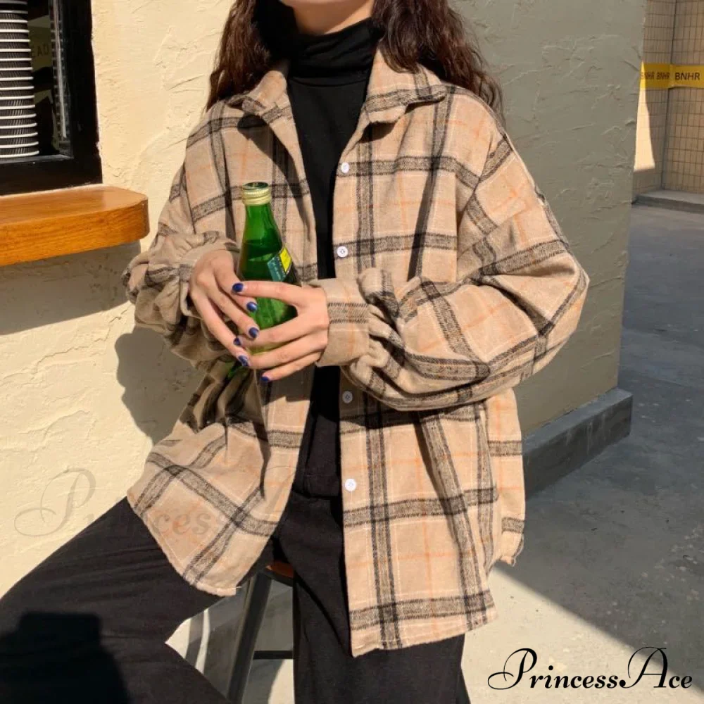 Turn-down Style Spring - Women's Plaid Outwear Loose 4 Neckline Blouse Harajuku with Fit Batwing-sleeve - - Colors - Image 3