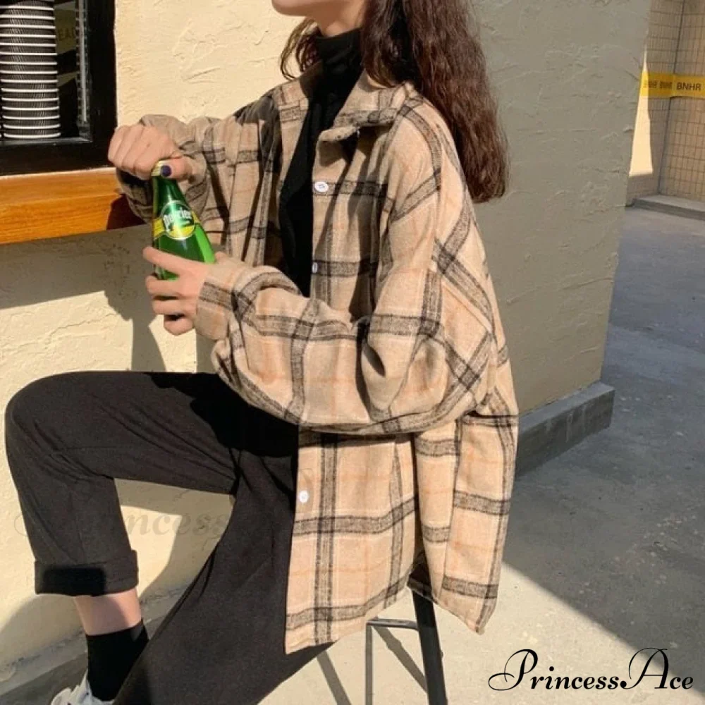 Turn-down Style Spring - Women's Plaid Outwear Loose 4 Neckline Blouse Harajuku with Fit Batwing-sleeve - - Colors - Image 4