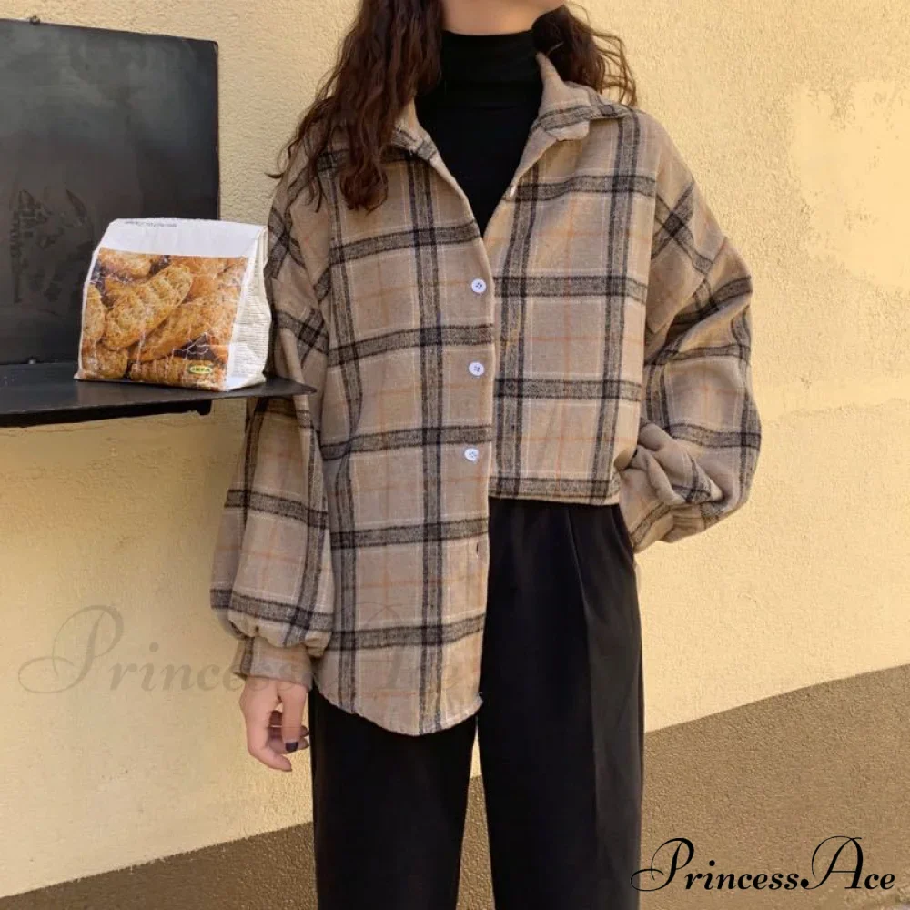 Turn-down Style Spring - Women's Plaid Outwear Loose 4 Neckline Blouse Harajuku with Fit Batwing-sleeve - - Colors - Image 6