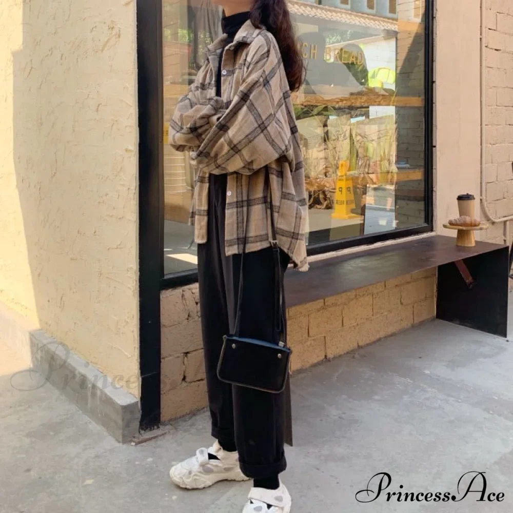 Turn-down Style Spring - Women's Plaid Outwear Loose 4 Neckline Blouse Harajuku with Fit Batwing-sleeve - - Colors - Image 7