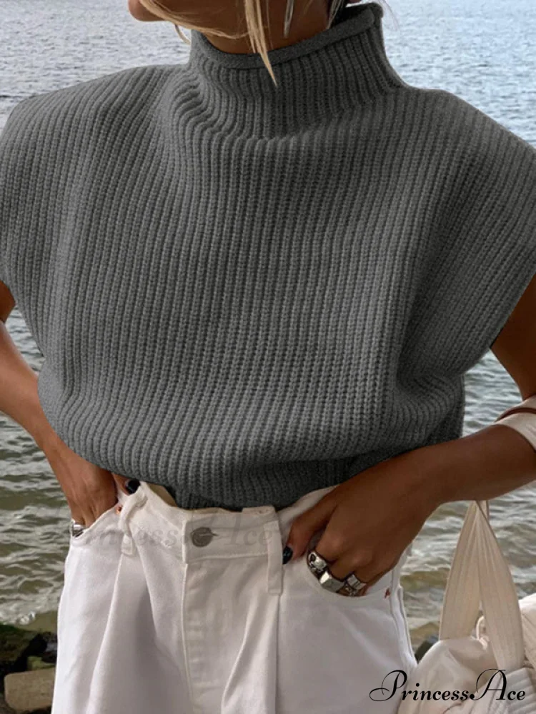 Turtleneck Color Solid Short-Sleeved Sweater Top - Image 16
