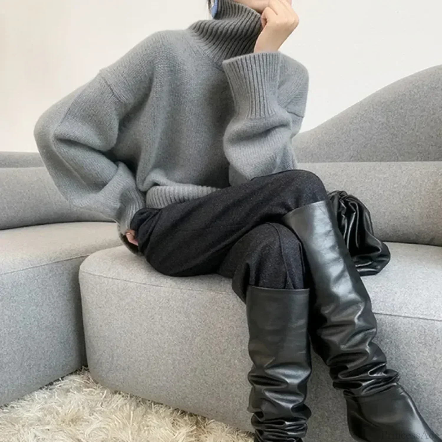Turtleneck Elegant Gray Red Sweater - Image 3