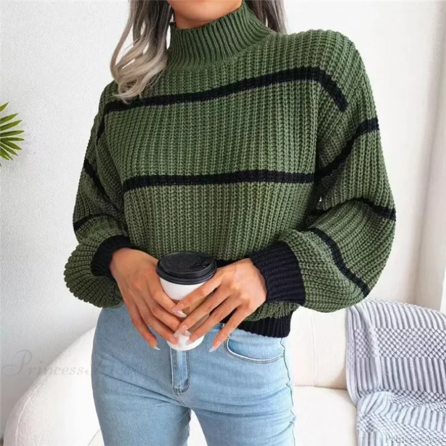 Turtleneck Lantern Sleeve Elegant Sweater - Image 2
