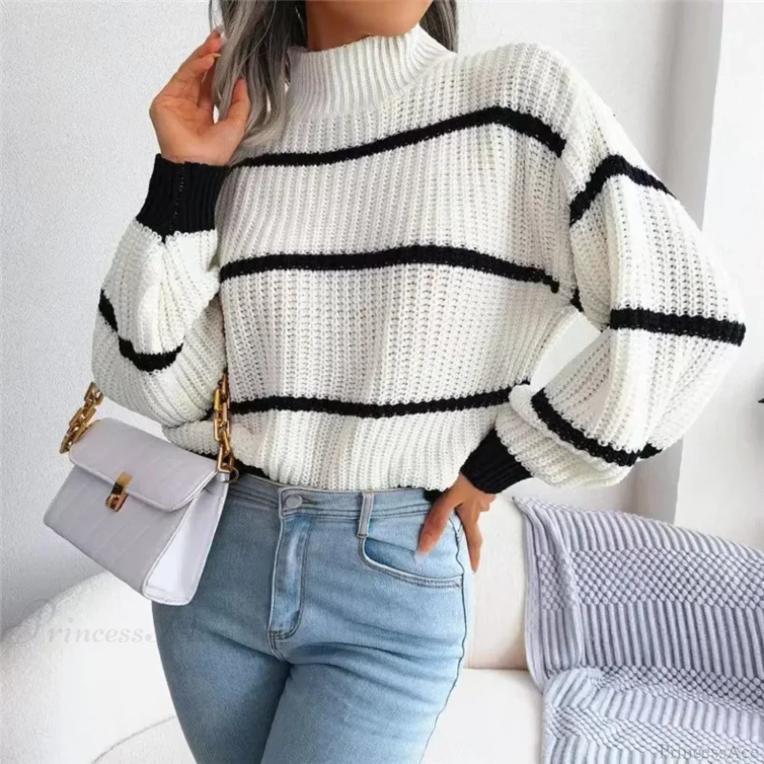 Turtleneck Lantern Sleeve Elegant Sweater - Image 3