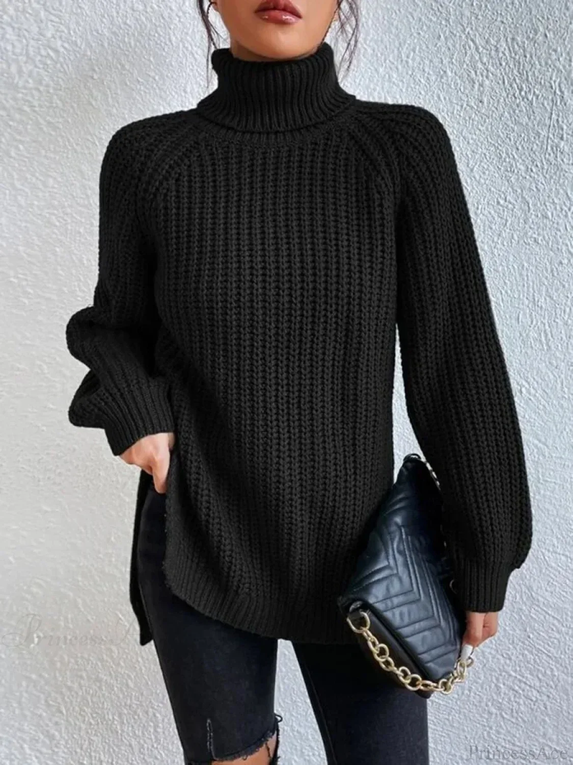 Turtleneck Split Crochet Thick Sweater - Image 3