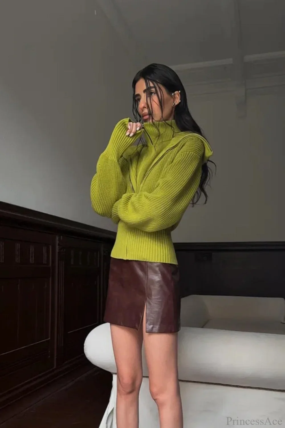 VintageTwo-in-one Solid Wide Lapel Zipper Sweater - Image 3