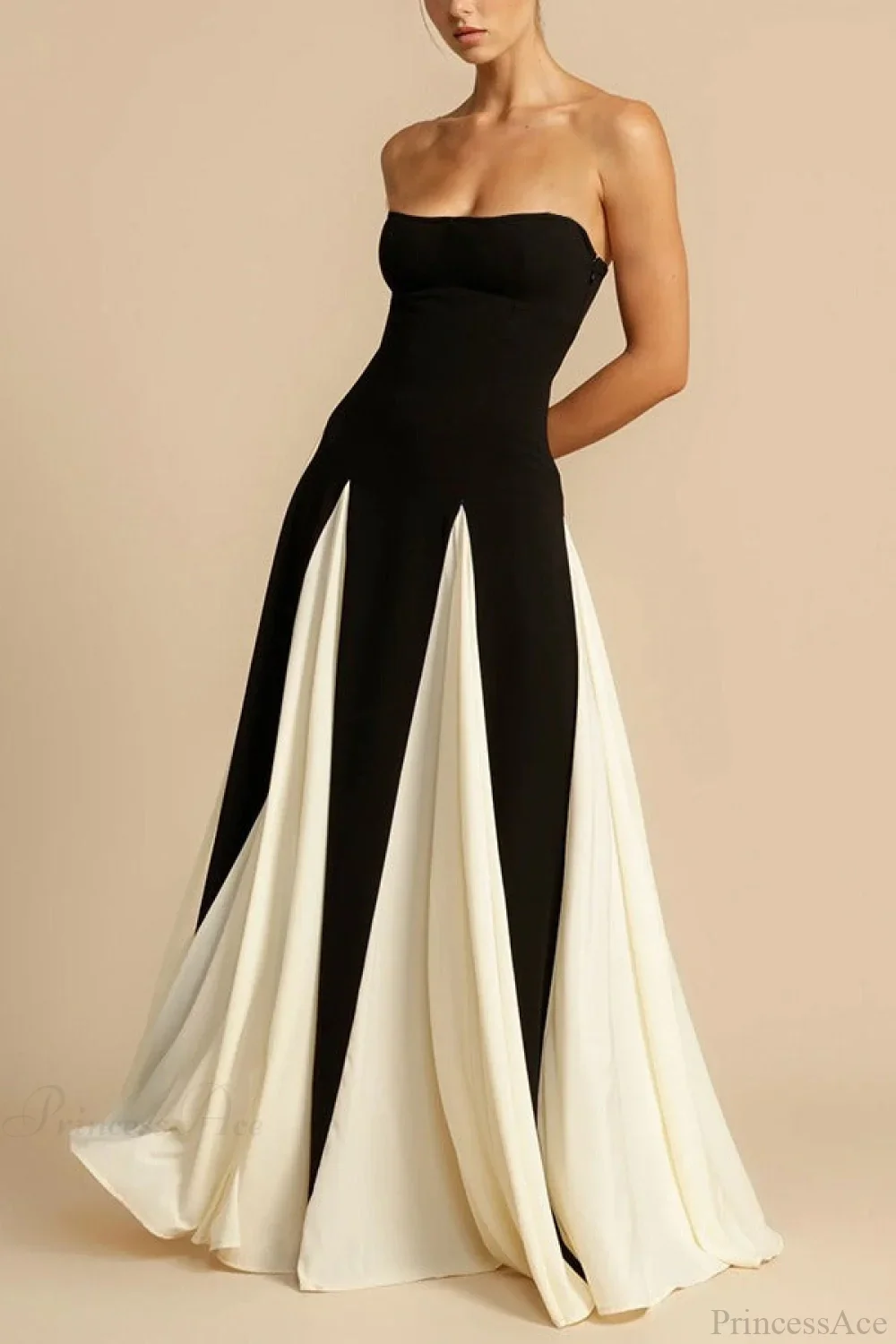 Two-Tone Paneled Tulle Strapless Evening Dress - Image 3