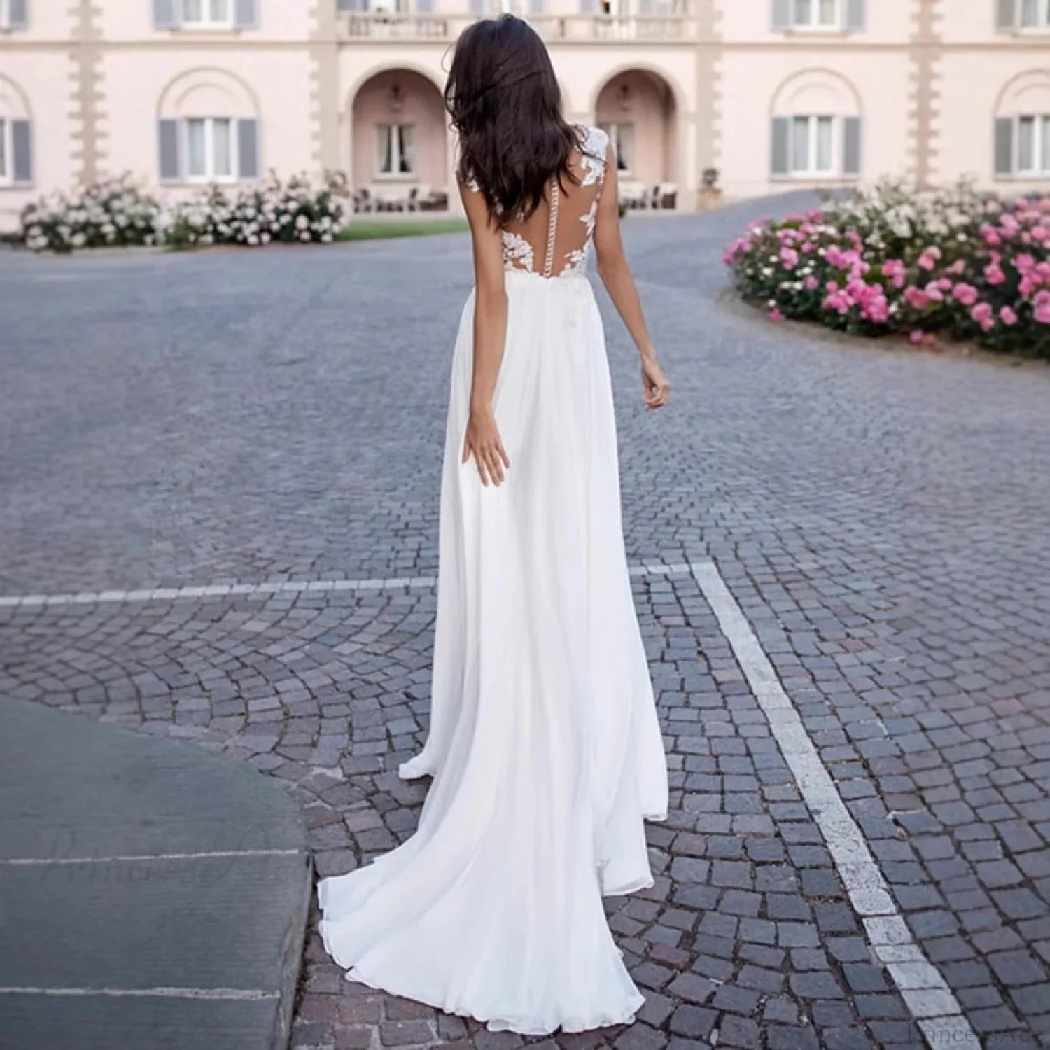 U-Neck Long Sleeve Backless Wedding Dress - Image 2
