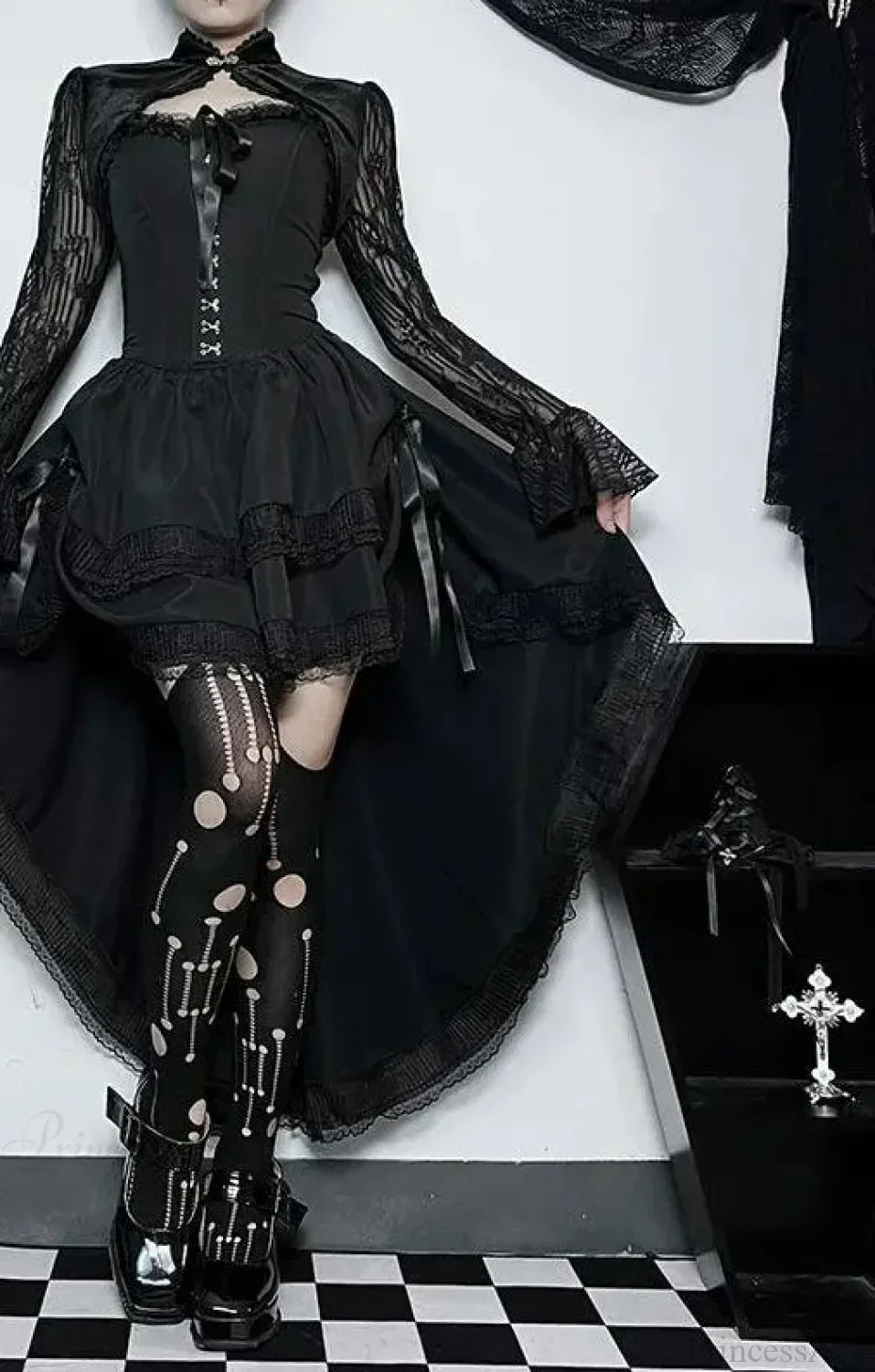 Uneven Folded Lace Black Midi Dress - Image 2