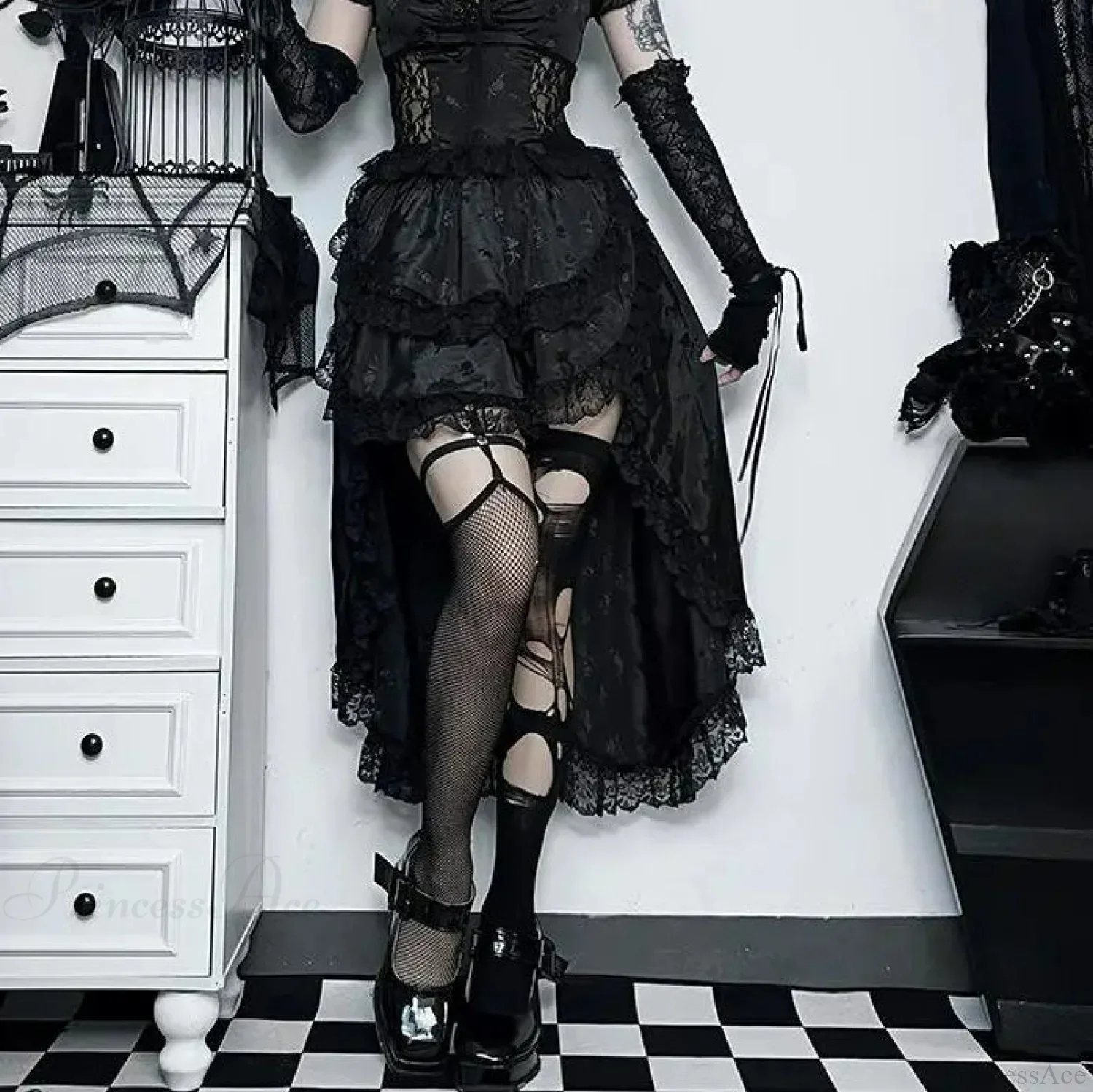Uneven Folded Lace Black Midi Dress - Image 4