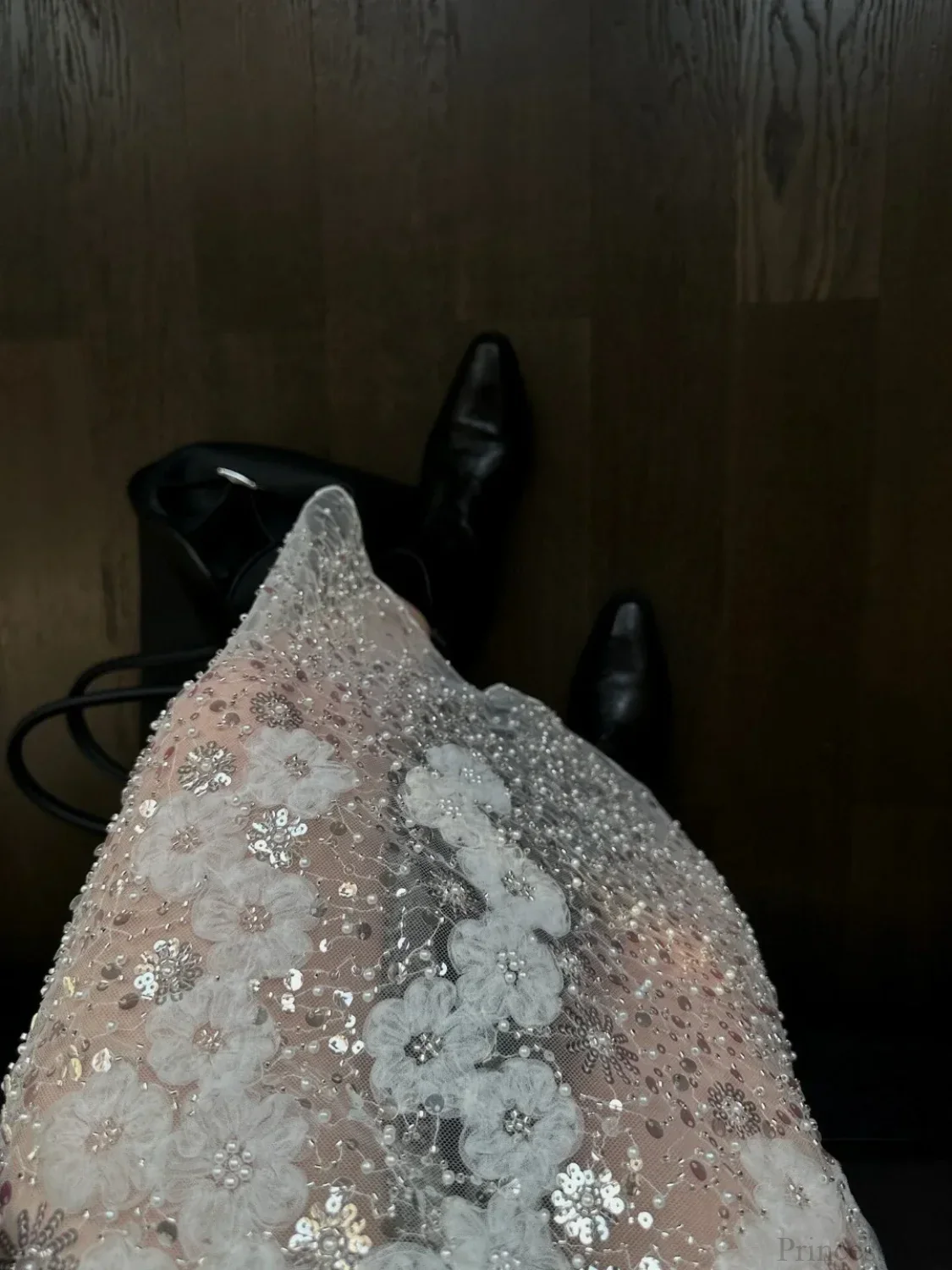 Beaded Sequin White Mesh A-Line Skirt - Image 3