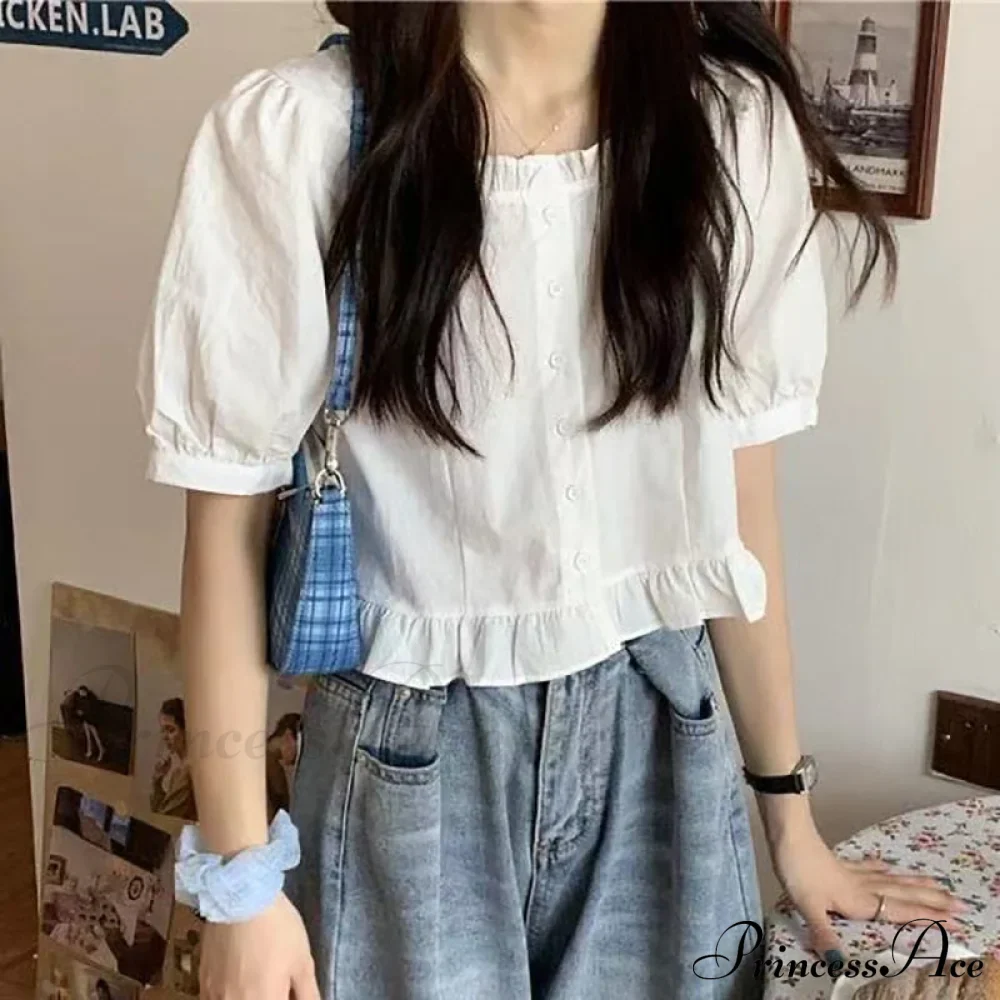 Up Cute Ruffles Women's Waist Button Blouse Clothing High Puff Youth Crop Warm-Season Top White Arm Elegant - Image 5