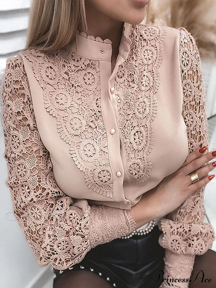 Up Pink Arm Lace Vintage Spliced Button Blouse Women's Long Casual Top