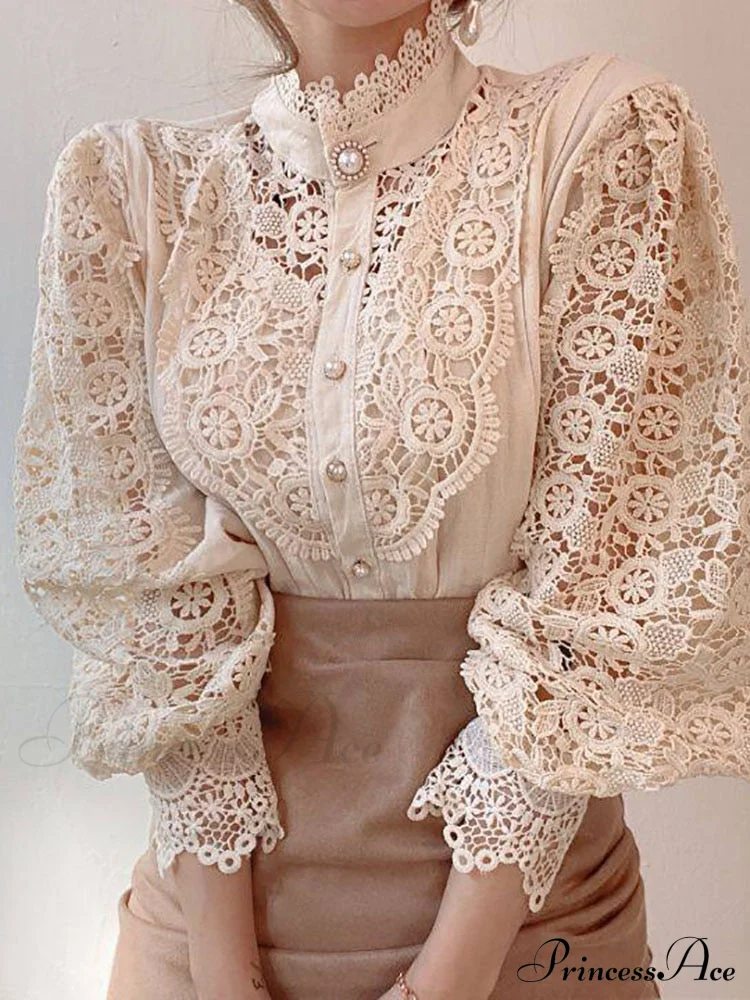 Up Pink Arm Lace Vintage Spliced Button Blouse Women's Long Casual Top - Image 9
