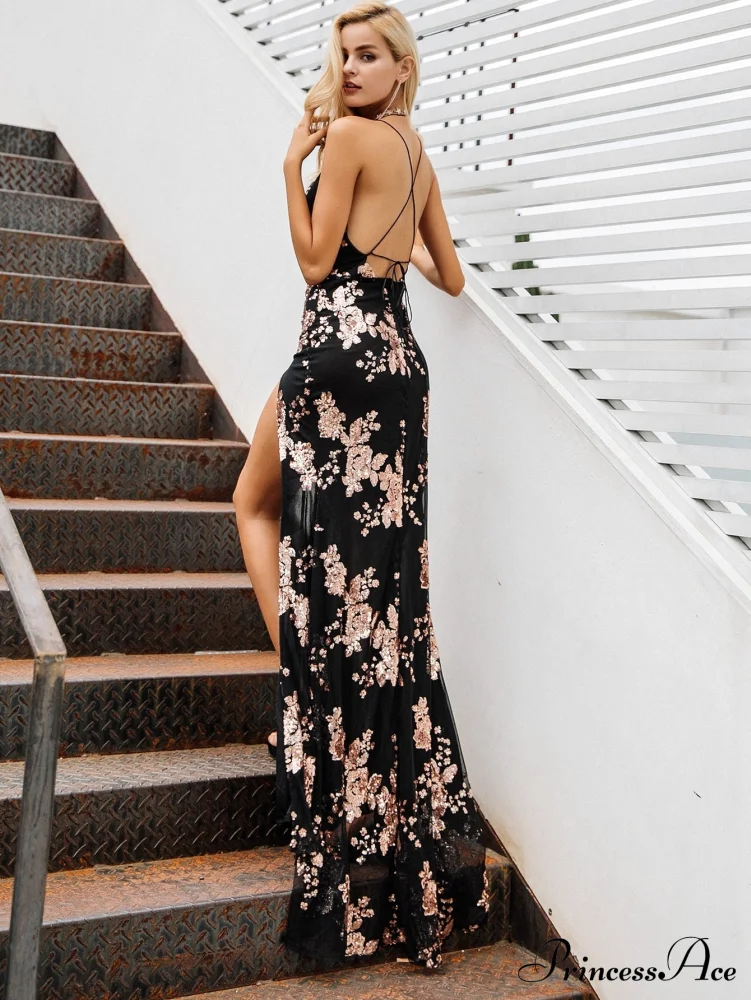 Up Split - Lace Party Halter Long Sequin Gown for Full-Length Gown Evening High with Length Sexy Women - Image 4