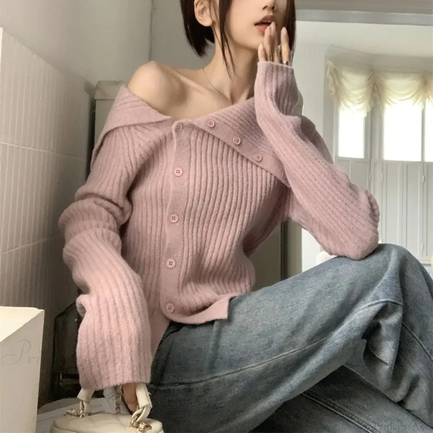 utton Off Shoulder Gray Sweater - Image 2