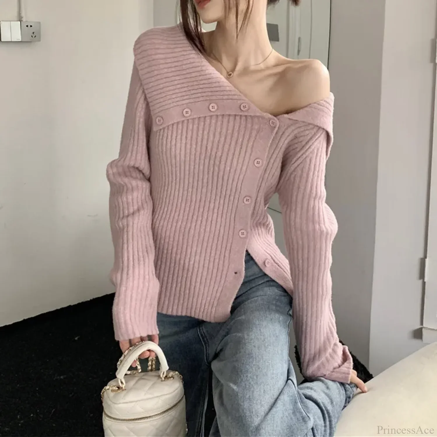 utton Off Shoulder Gray Sweater - Image 3