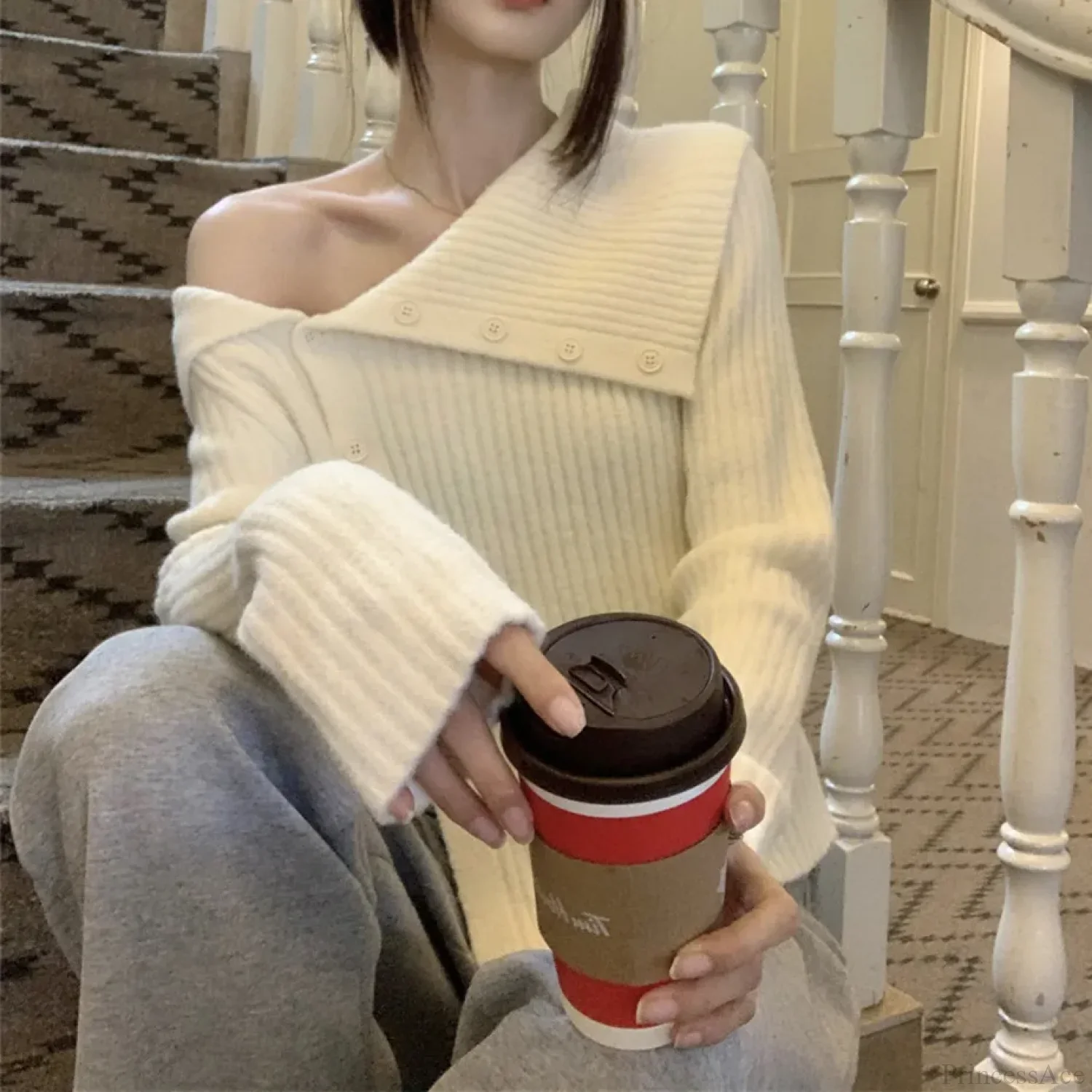 utton Off Shoulder Gray Sweater - Image 4