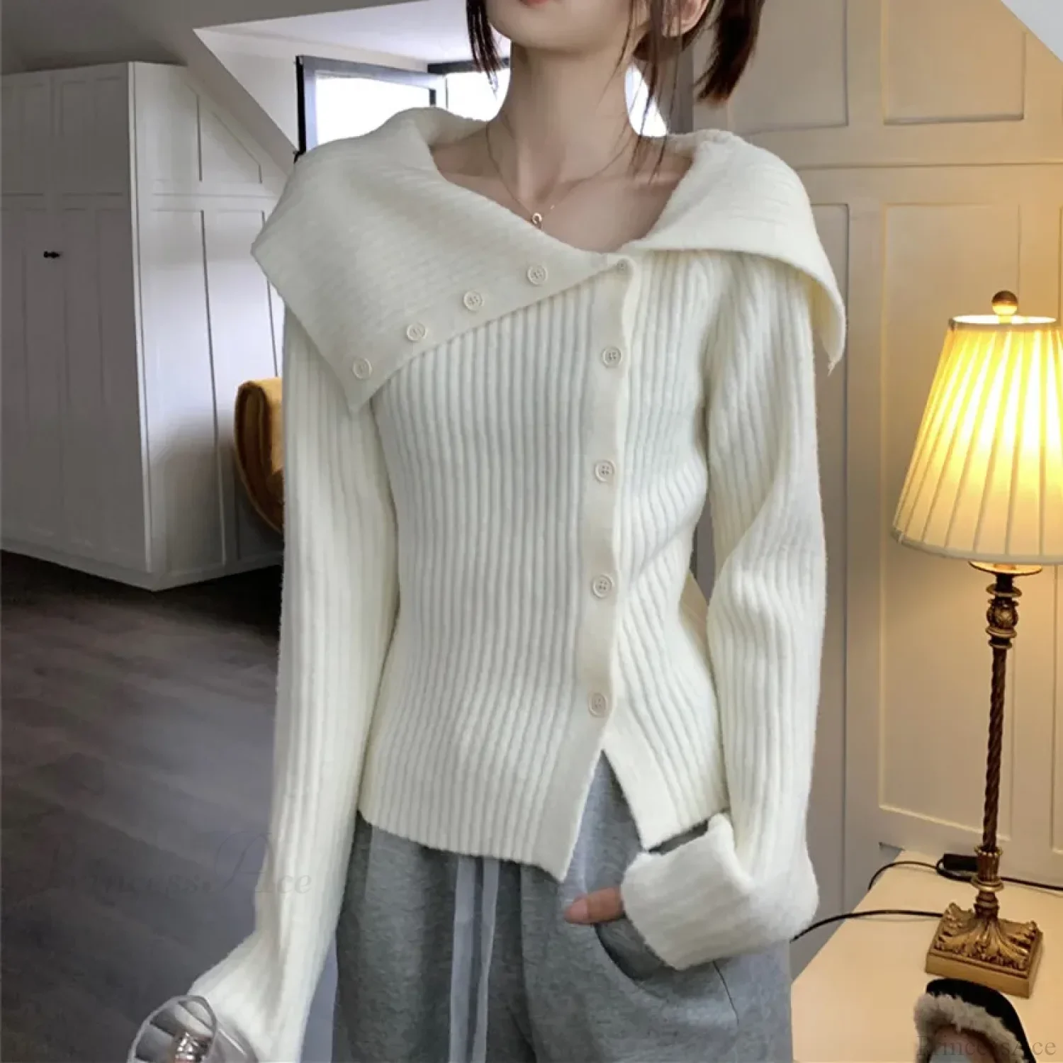 utton Off Shoulder Gray Sweater - Image 5