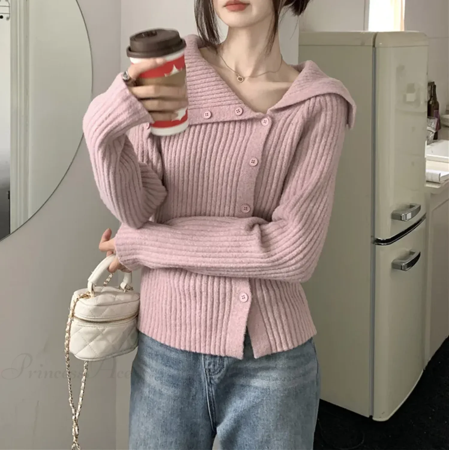 utton Off Shoulder Gray Sweater - Image 6