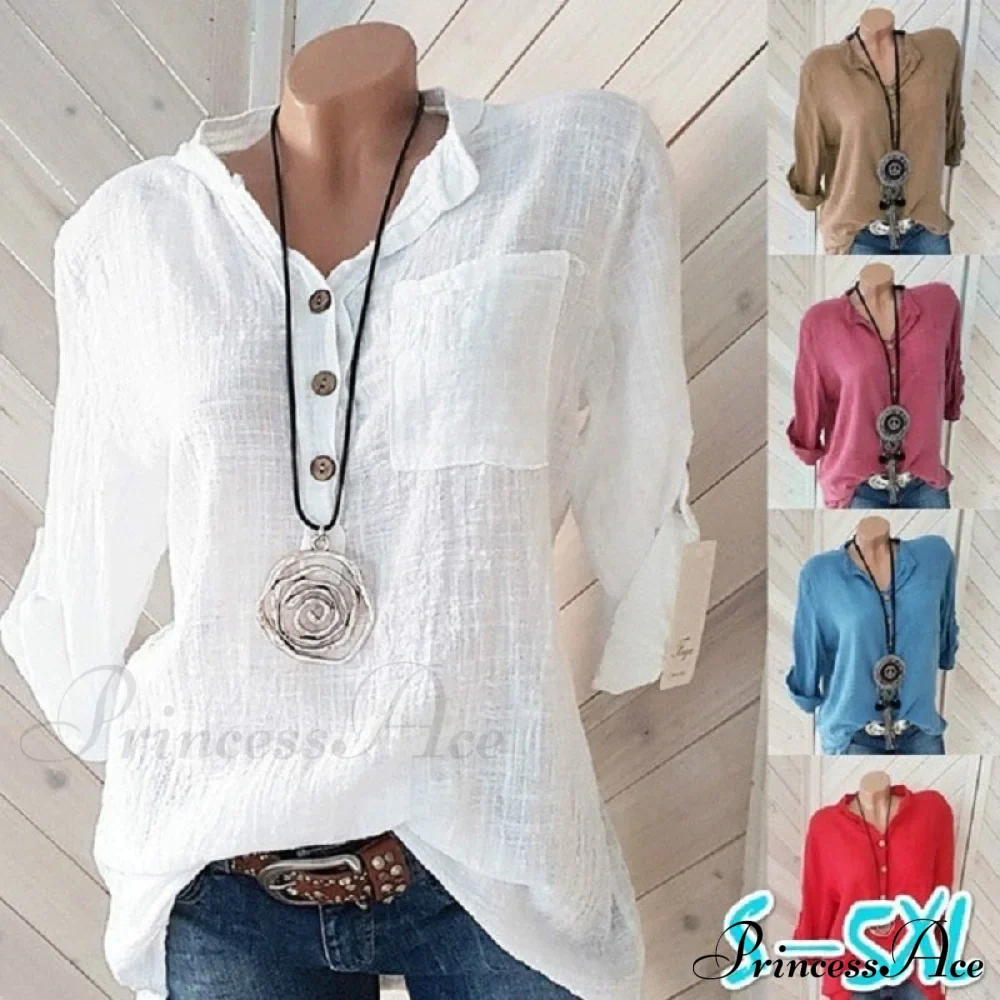 V Blouse Size - Cotton Autumn Oversized Neck Blouse Linen - Long Casual Plus Arm Women's S-5XL