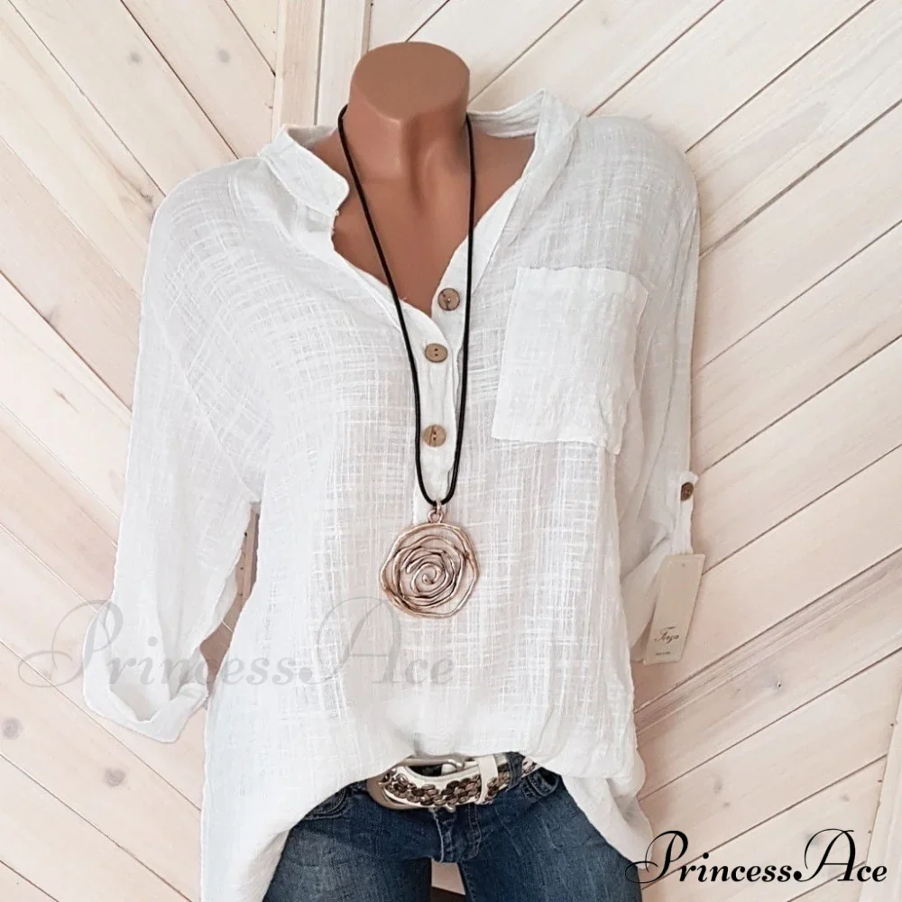 V Blouse Size - Cotton Autumn Oversized Neck Blouse Linen - Long Casual Plus Arm Women's S-5XL - Image 2