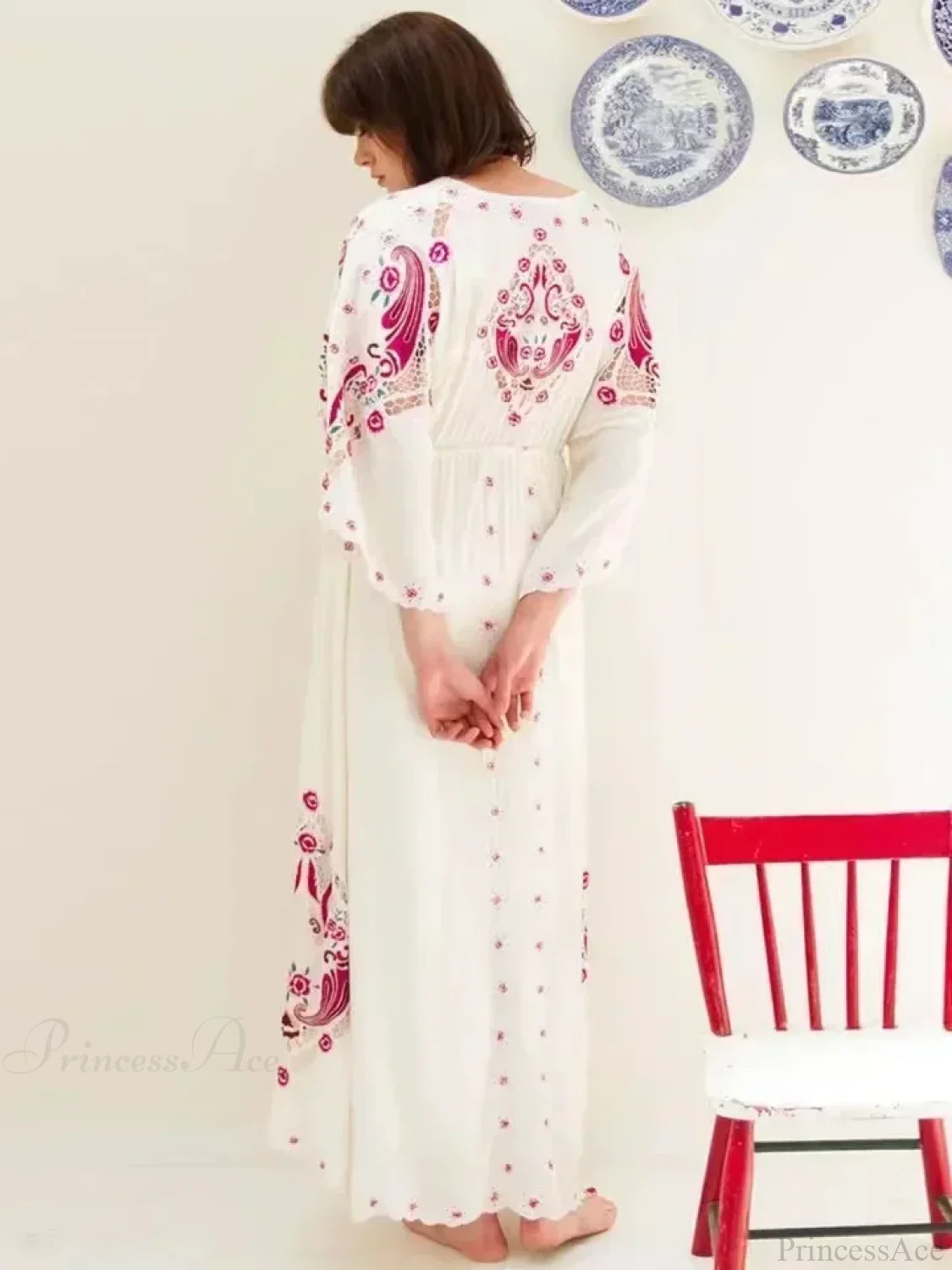 V Collar Embroidery Oversized Casual Cotton Boho Dress - Image 2