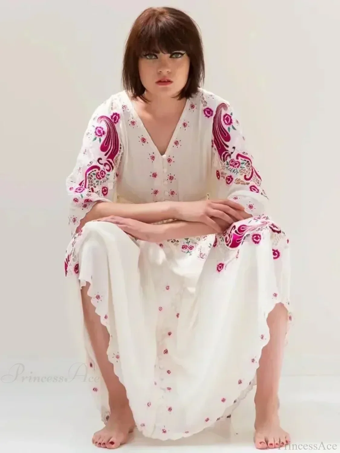 V Collar Embroidery Oversized Casual Cotton Boho Dress - Image 3