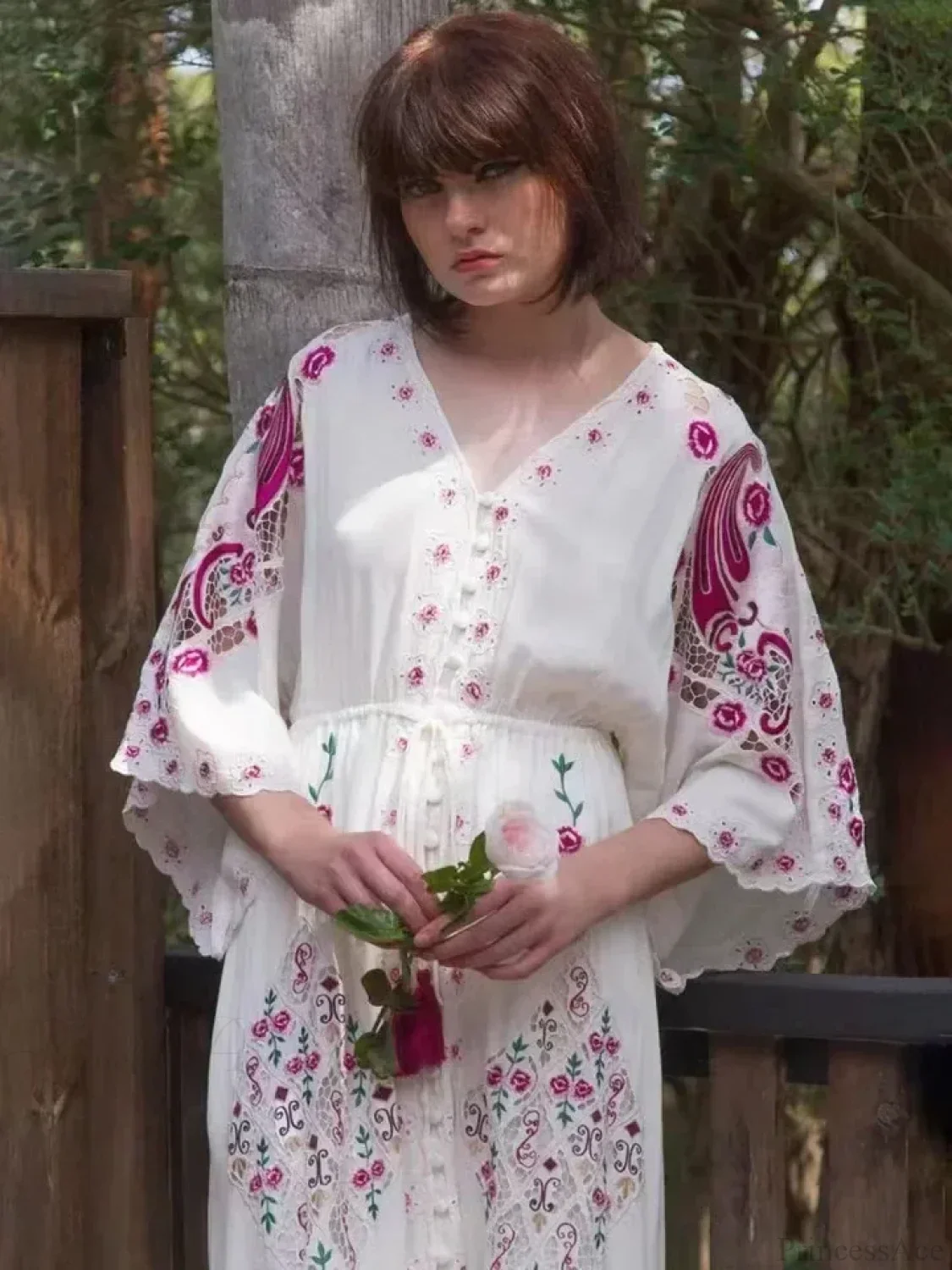 V Collar Embroidery Oversized Casual Cotton Boho Dress - Image 4