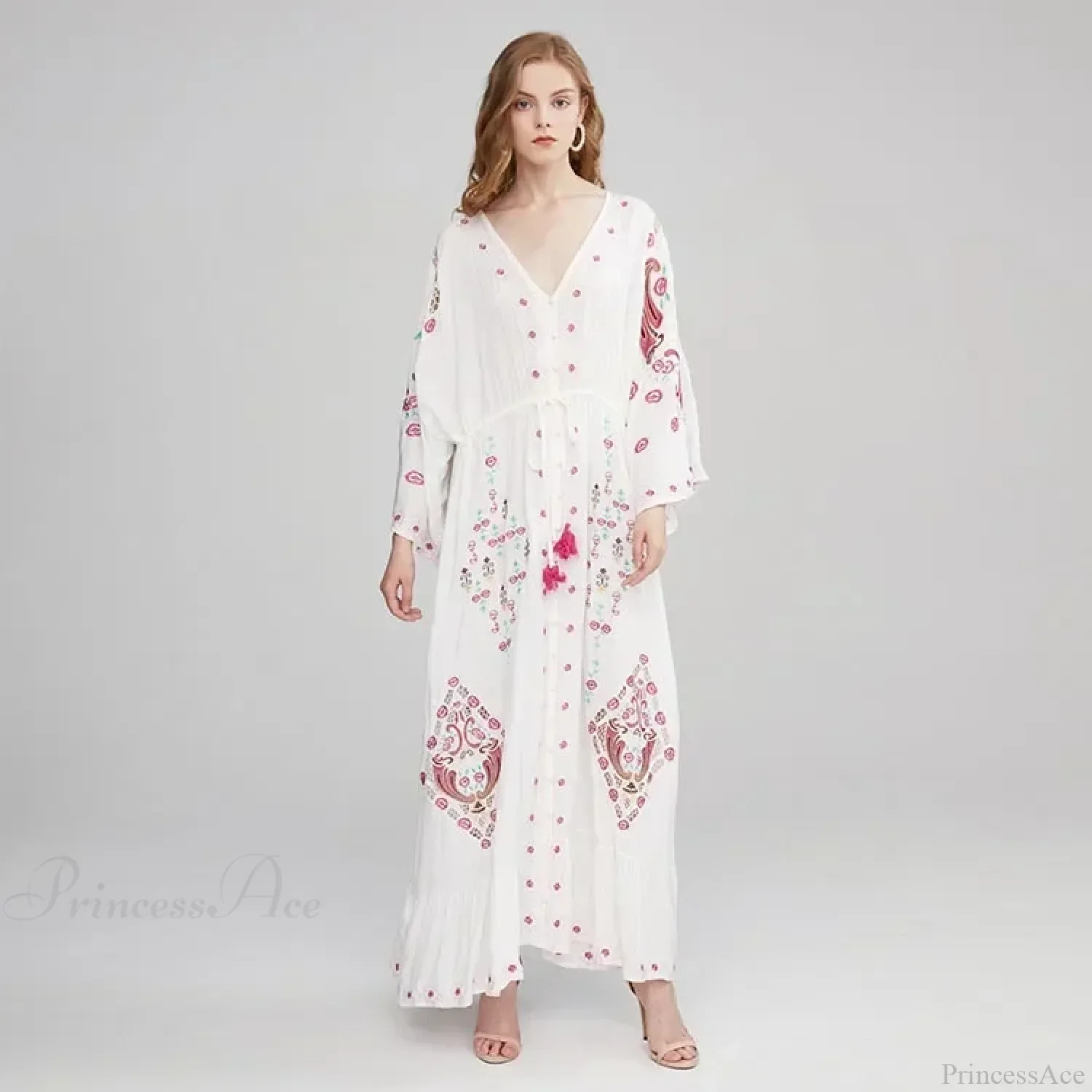 V Collar Embroidery Oversized Casual Cotton Boho Dress - Image 5