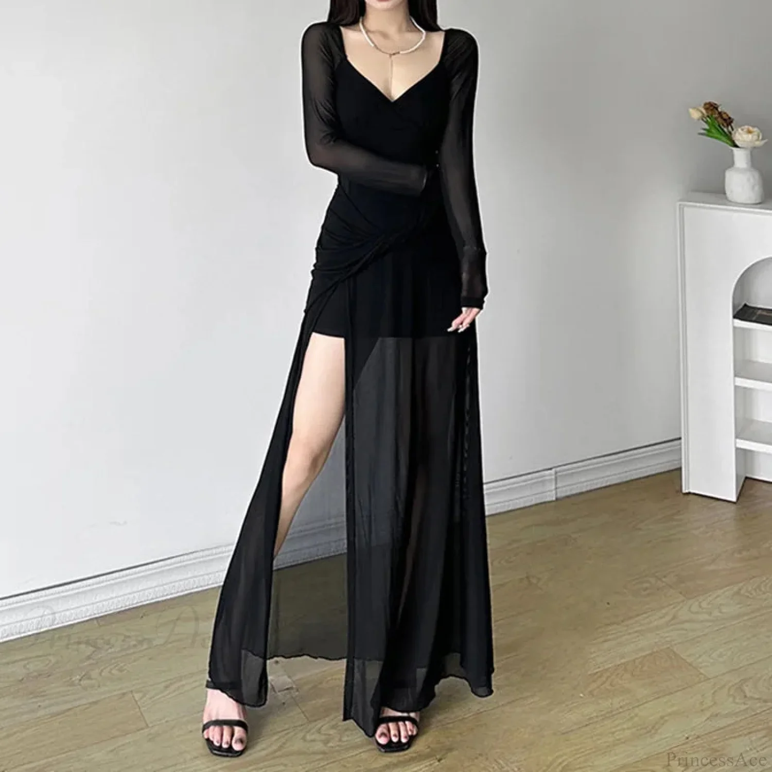 V-Neck Asymmetrical Hem Gothic Full-Length Dress - Image 2