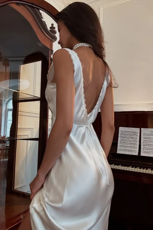 V Neck Backless Satin Lace Trim Waisted Midi Dress - Image 4