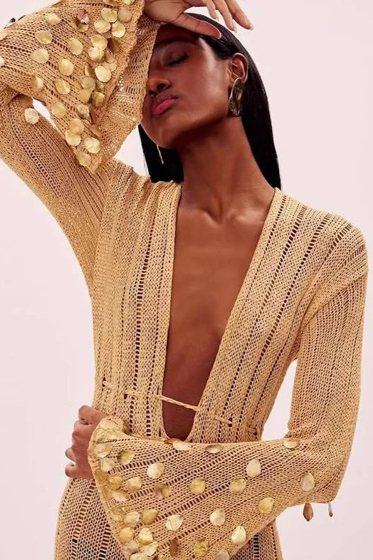 V Neck Belted Sequin Knit Maxi Dress - Image 3