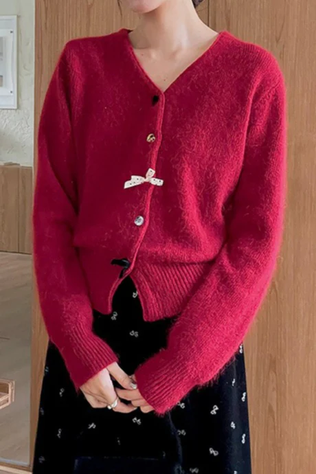 V Neck Bow Detail Button Cardigan