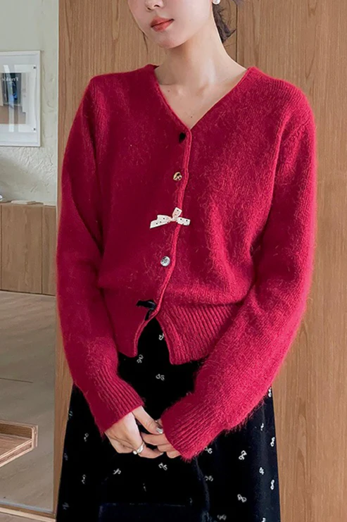 V Neck Bow Detail Button Cardigan - Image 8