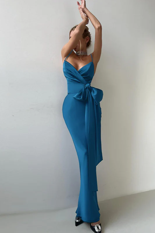 V-Neck Bow Tie Waist-Cinched Bodycon Party Dress - Image 3