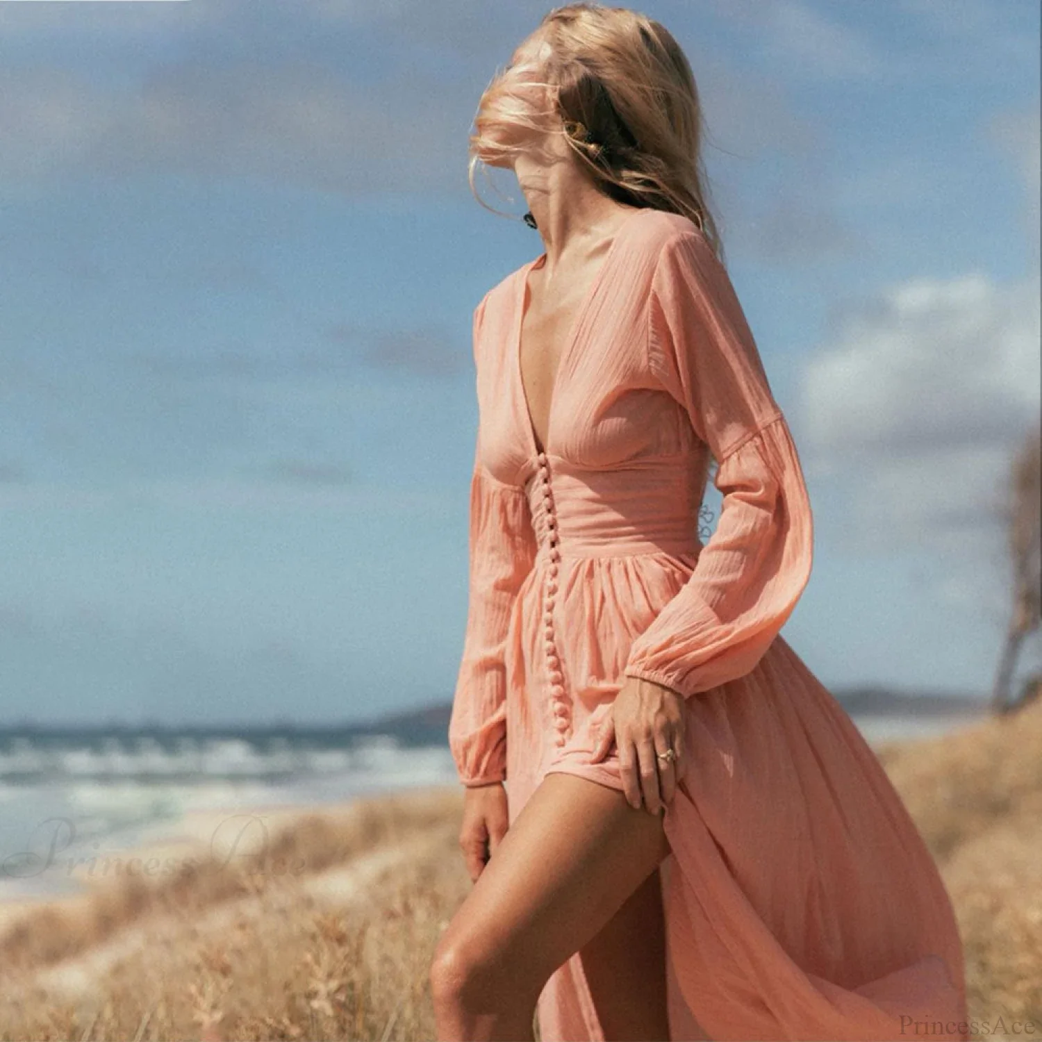 V Neck Button Down Maxi Dress - Image 3