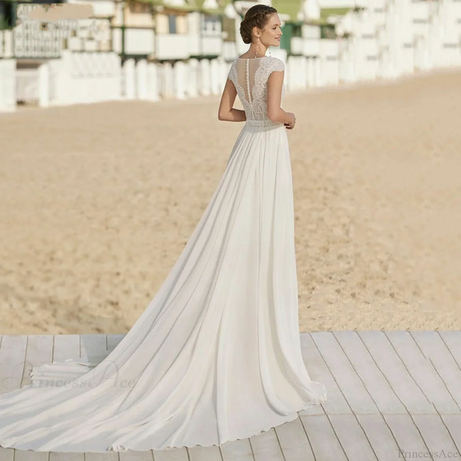 V-Neck Chiffon Long Train Wedding Dress - Image 3