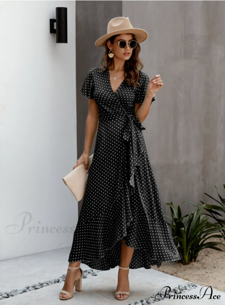 V-Neck Coastal Vacation Dot Polka Short-Sleeved Warm-Season Ruffle for Gown Women
