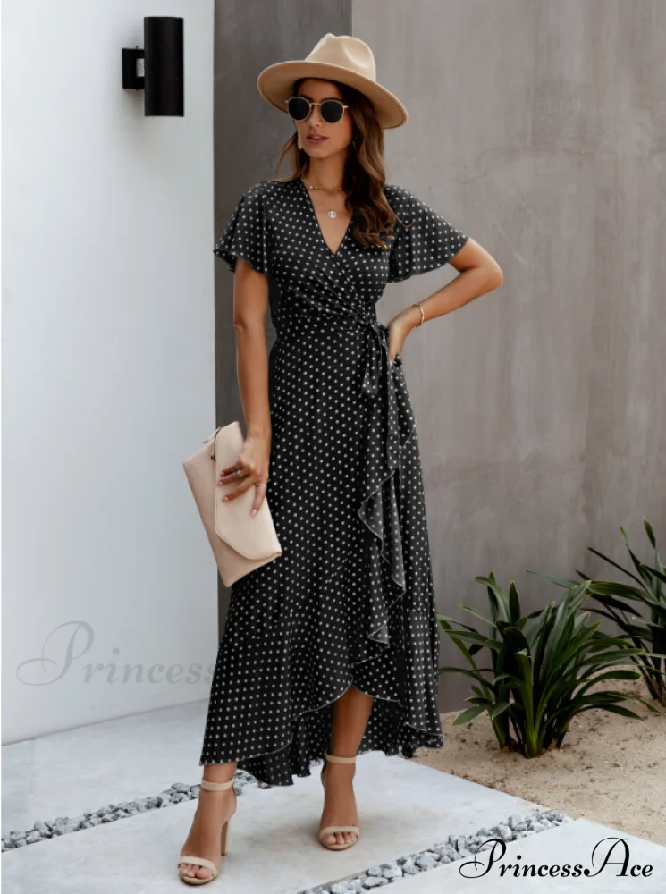 V-Neck Coastal Vacation Dot Polka Short-Sleeved Warm-Season Ruffle for Gown Women - Image 4